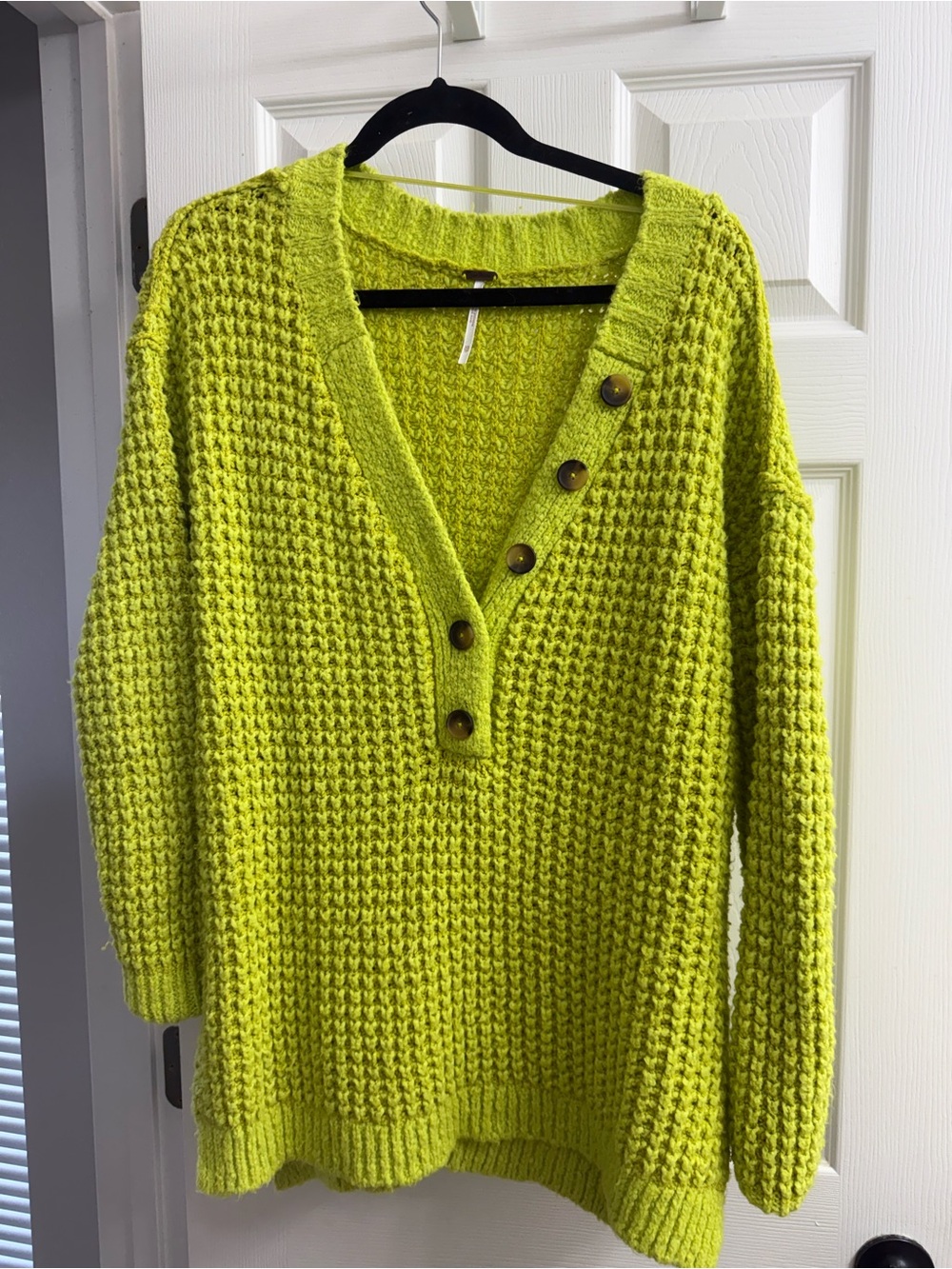 Free People Neon Lime V-Neck Waffle Knit Sweater with Button Placket